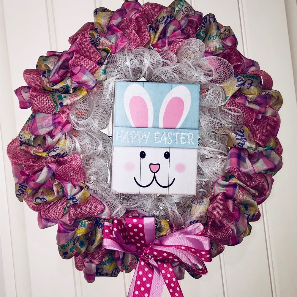 Pink ribbon Bunny Wreath